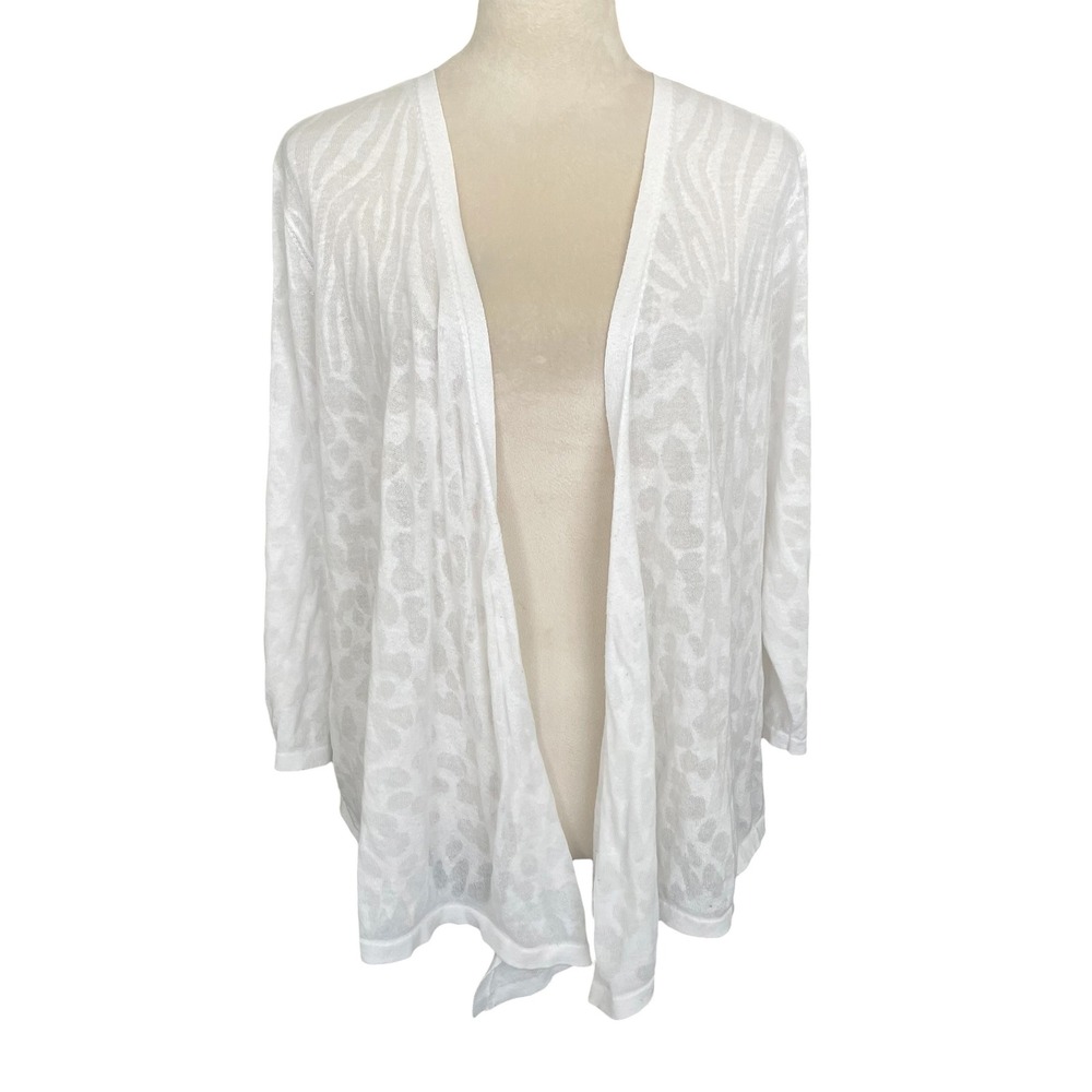Chicos White Animal Prnt Semi Sheer Open Front Cardigan XL 3 Resort Coastal Chic
